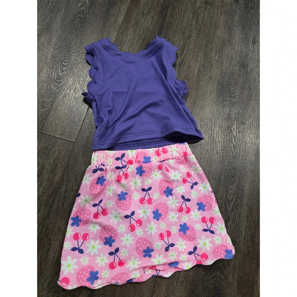 Pete + Lucy Girls 2T Purple Scallop Top Pink Strawberry Cherry Skirt Set NWT
